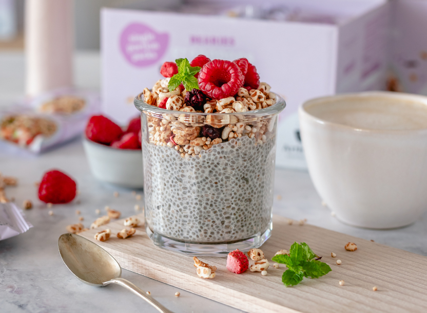 Chia Pudding met gepofte speltpops